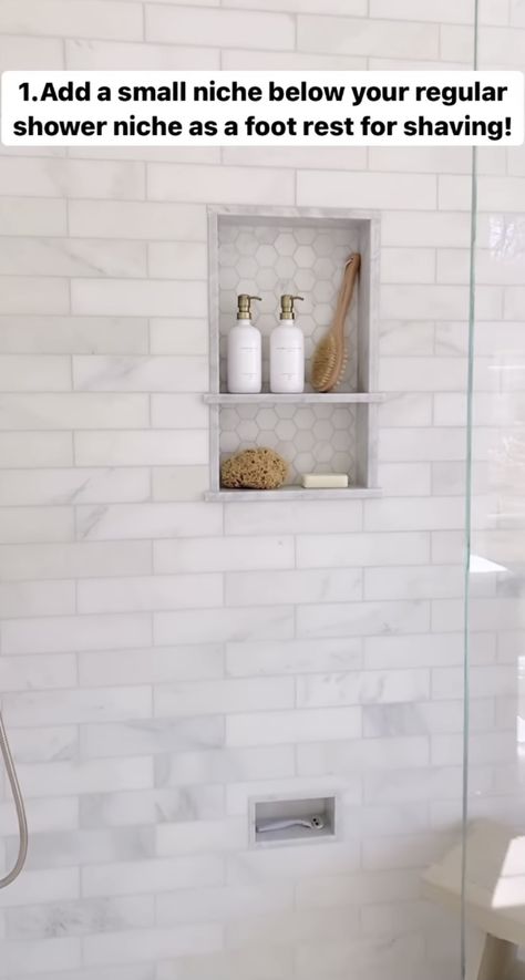 Shower Head Placement, Small Bathroom Redo, Hair Strainer, Bathroom Tub Shower Combo, Half Wall Shower, Tile Shower Niche, White Tile Shower, Bathroom Niche