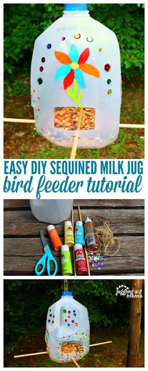 Easy DIY Sequined Milk Jug Bird Feeder Tutorial via @JugglingActMama Milk Jug Bird Feeder, Backyard Ideas Kids, Jug Bird Feeder, Bird Feeders Diy Kids, Bird Feeders For Kids To Make, Milk Jug Crafts, Milk Cartons, Kids Milk, Recycled Art Projects