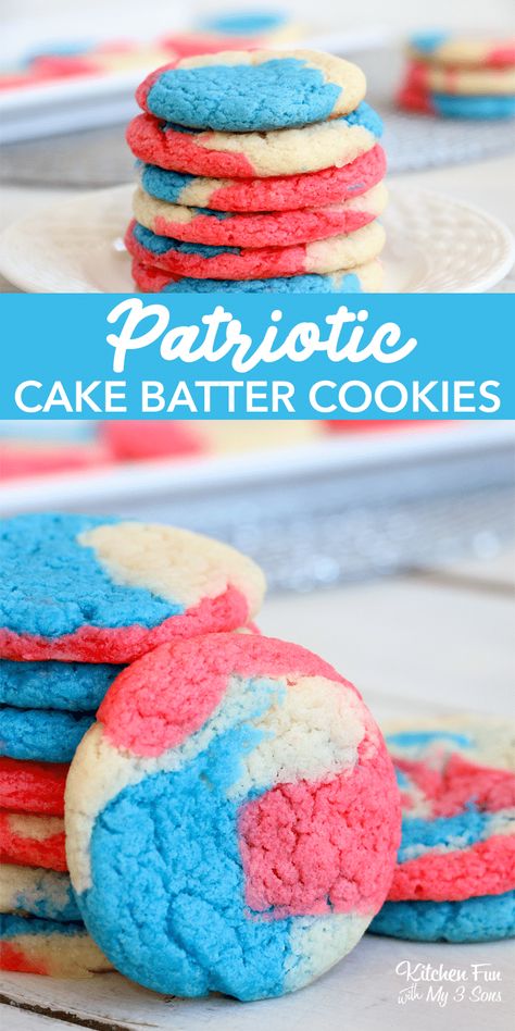 Patriotic Cake Mix Cookies are a swirl of red, white and blue that's perfect for the 4th of July. They're easy to make too! Memorial Day Desserts, Patriotic Treats, Patriotic Cake, Patriotic Cookies, Cake Batter Cookies, Easy Cookie Recipe, Patriotic Desserts, Blue Cookies, Blue Desserts