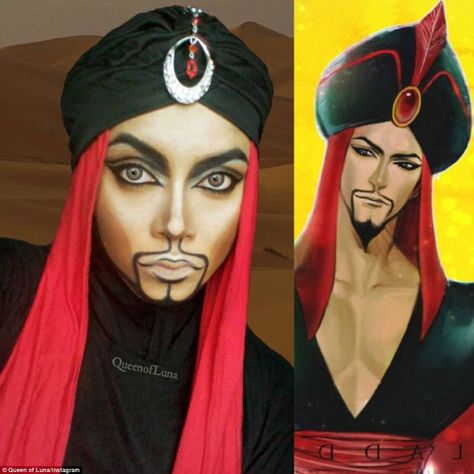 Jafar from Aladdin: The self-confessed 'comic geek' and 'Disnerd' doesn't just recreate female characters and recently shared a photo of her looking like Jafar from Aladdin where she used face paint, make up and very heavy contouring to achieve the look Jafar Costume, Carnaval Make-up, Disney Princess Makeup, Fantasy Make-up, Aladdin Costume, Cosplay Disney, Princess Makeup, Disney Makeup, Character Makeup