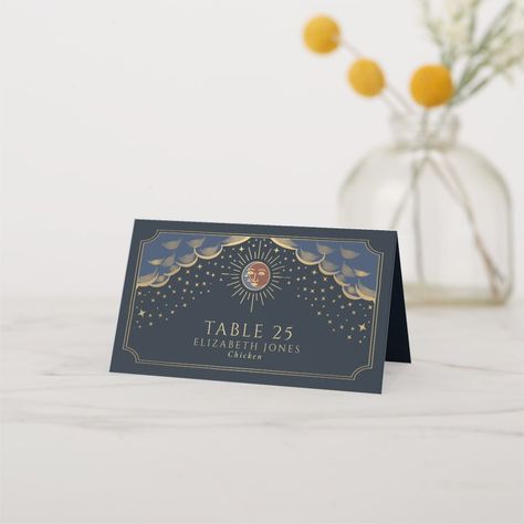 Colorful Gold Sun and Moon Tarot Card Wedding Table Placement Cards Wedding, Tarot Card Wedding, Sun And Moon Tarot, Modern Wedding Design, Moon Tarot Card, Art Supply Stores, Gold Sun, Card Wedding, Wedding Place