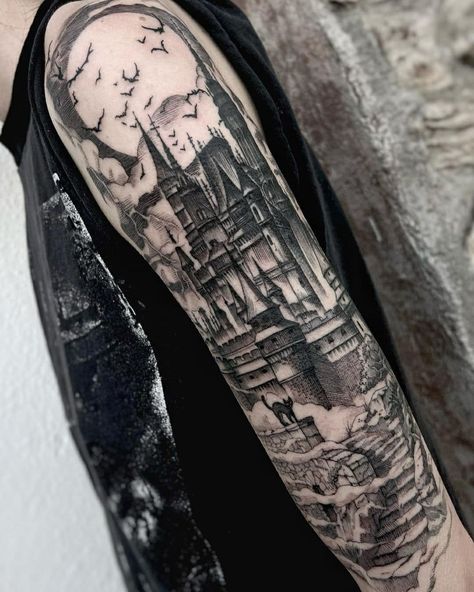 Castle Arm Tattoo, Creepy Castle, Shoulder Tattoo, Tattoo Shop, Arm Tattoo, Skull Tattoo, Tattoo Artists, Tatting, Tattoo Ideas