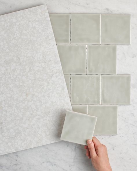 Square Tile Bathroom, Bathroom Splashback, Green Tile Bathroom, Tile Splashback, Sage Green Kitchen, Kitchen Splashback, Feature Tiles, Downstairs Bathroom, Bathroom Inspiration Decor