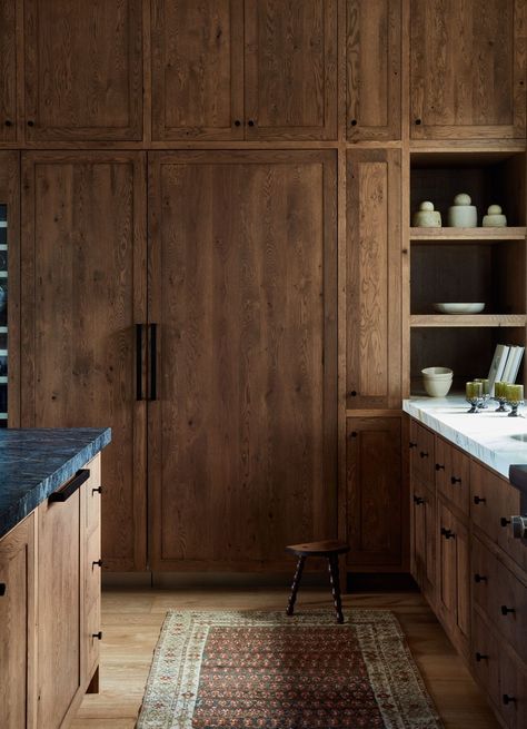 Pronghorn Project Pt. I — Light and Dwell Paneled Refrigerator, Oak Floating Shelves, Light And Dwell, Dark Countertops, Honed Marble, Oak Panels, Rustic Retreat, White Quartz Countertop, Amber Interiors