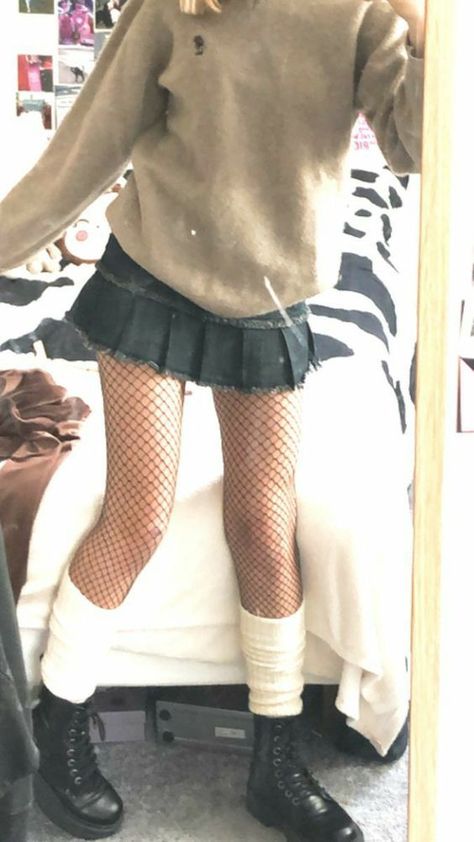 Fishnet Stockings Outfit, Indie Outfits Alternative Fashion, Black Denim Mini Skirt, Stockings Outfit, Knit Leg Warmers, Fishnet Stockings, Indie Outfits, Swaggy Outfits, Alternative Outfits