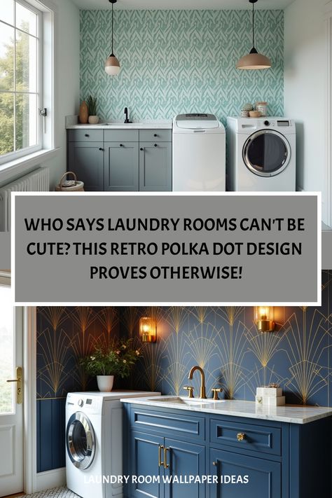 Nostalgic laundry room featuring blue and white polka dot wallpaper and vintage elements Mid Century Laundry Room, Laundry Nook, Laundry Room Wallpaper, Room Accent Wall, Polka Dots Wallpaper, Retro Appliances, Laundry Room Inspiration, Dots Wallpaper, Brass Fixtures