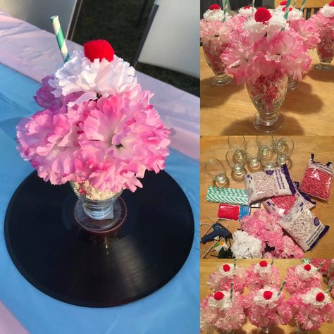 DIY 50's theme centerpieces 1950's party Sock Hop Sock Hop Decorations, 50s Party Decorations, Grease Themed Parties, Cheap Halloween Party, Grease Party, 50s Theme, 50s Theme Parties, Retro Classroom, Retro Birthday Parties