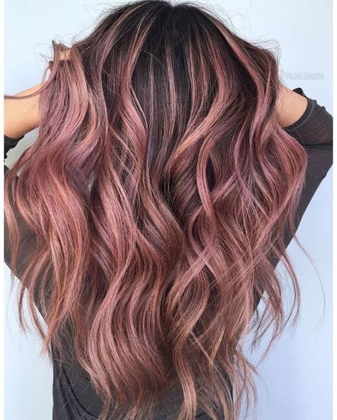 Rose Gold Brunette Hair Balayage, Pink Bayalage Hair Brunette, Strawberry Champagne Hair, Rose Highlights Brunette, Pink Baylage Hair Brunettes, Pink On Dark Hair, Rose Brown Balayage, Chocolate Rose Gold Hair, Pink Balayage Brunette