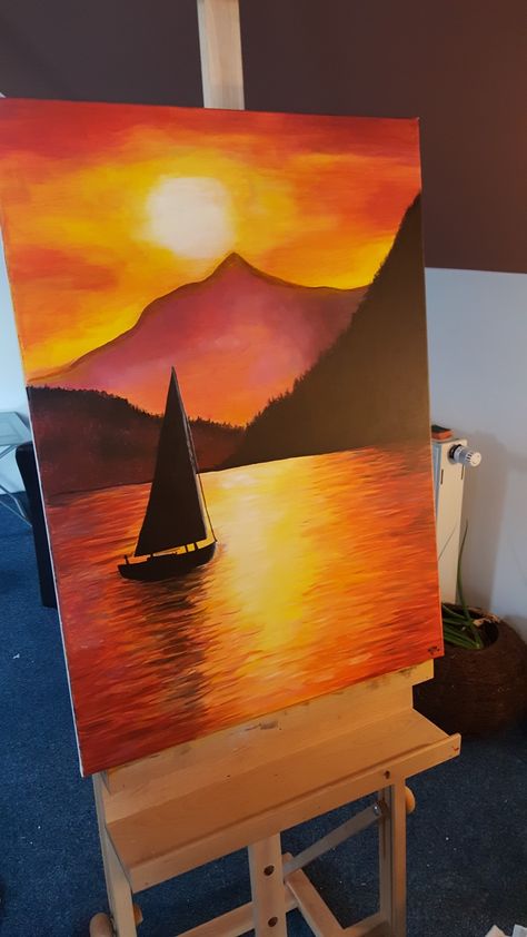 Acrylic Boat Painting, Background Acrylic Painting, Boat Painting Acrylic, Navy Blue Poster, 3d Painting On Canvas, Drawing Sunset, Boat Sunset, Dolphin Painting, Sunset Canvas Painting