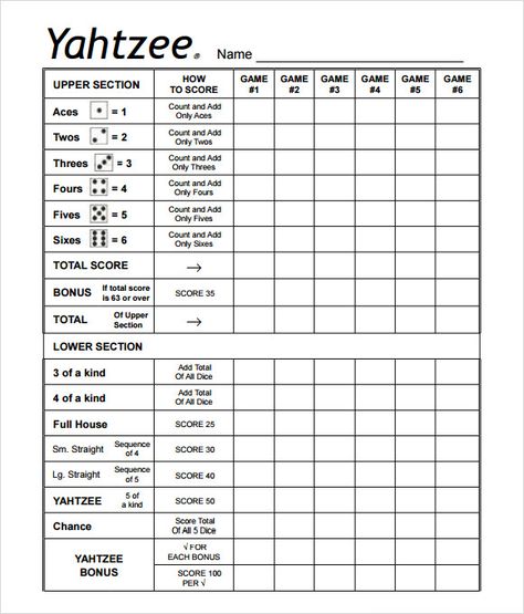 7+ Yahtzee Score Sheet Templates - Free Sample, Example, Format Yahtzee Score Card, Yahtzee Score Sheets, Mind Video, Geek House, Outside Games, Brain Game, Fun Brain, Yard Games, Camping Games