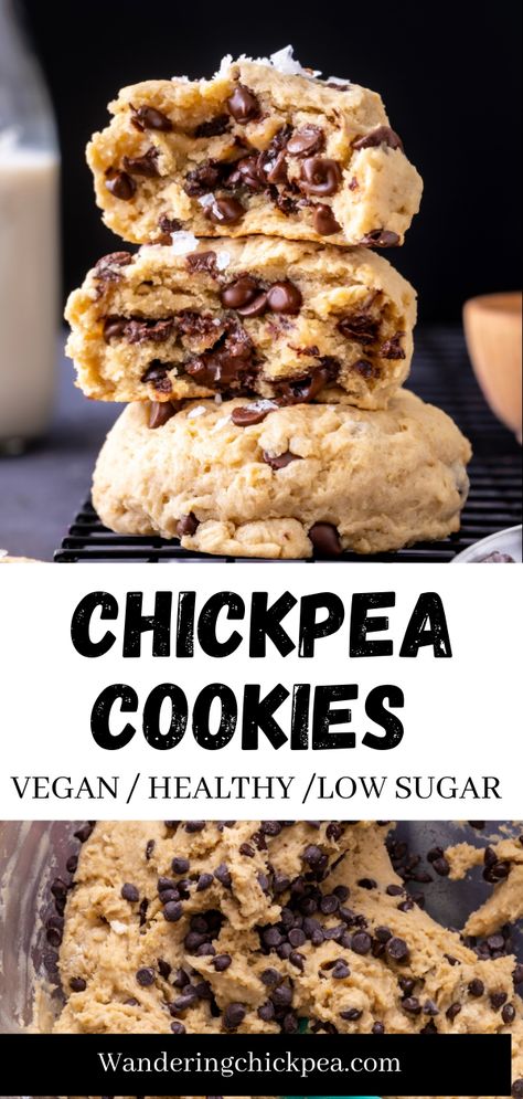 Vegan Chickpea Cookies, Chickpea Oatmeal Cookies, Chickpea Cookies Chocolate Chip, Healthy Choc Chip Cookies, Vegan Tahini Cookies, Chickpea Baking Recipes, Chickpea Desserts, Vegan Healthy Recipes, Chickpea Chocolate Chip Cookies