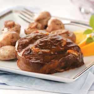 Glazed Beef Tournedos Recipe -“I found this wonderful, quick recipe in a book years ago,” recalls Janet Singleton in Bellevue, Ohio. “It’s been a favorite for special occasions ever since! I like to serve it with twice-baked potatoes and a spinach salad.” Tenderloin Steak, Rare Steak, Marinated Mushrooms, Relish Trays, Grilled Beef, Twice Baked Potatoes, Steak Sauce, No Cooking, Beef Tenderloin