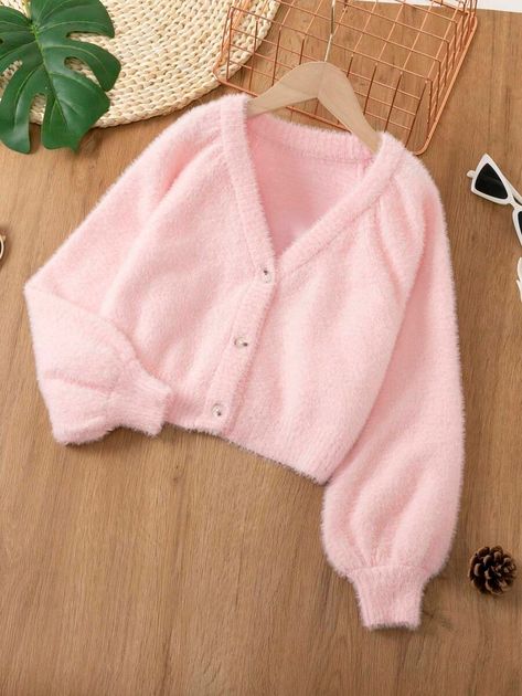 SHEIN Tween Girl Solid Button Front Lantern Sleeve Fuzzy Cardigan | SHEIN USA Pastel Pink Cardigan, Pretty Outfits Shein, Pink Fits Aesthetic, Pastel Pink Clothes, Aesthetic Pink Clothes, Preppy Pink Outfits, Cute Clothes For Teenagers, Cute Pink Clothes, Cute Pink Sweater