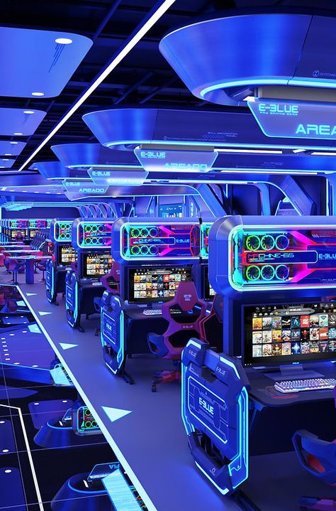 E-SPORTS REFERENCE | E-BLUE ESPORTS Gaming Center Interior, E Sports Design, Esports Aesthetic, Hi Tech Interior, Arcade Interior, Sports Reference, Gaming Pod, Game Architecture, Gaming Event