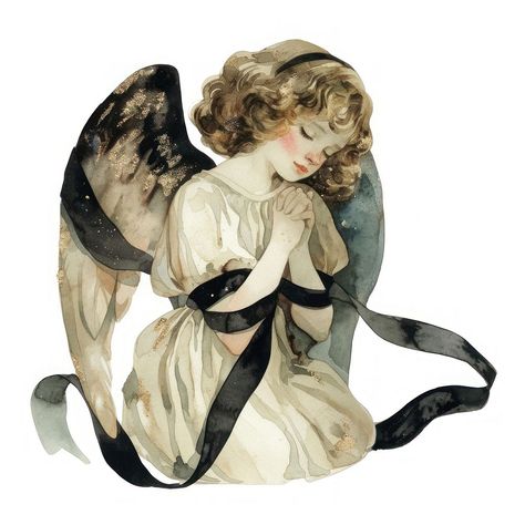 Praying angel watercolor illustration | free image by rawpixel.com / Boom Angel Watercolor, Adult Aesthetic, Tattoo Sheets, Black Coquette, Aesthetic Angel, Watercolor Angel, Angel Illustration, Praying Angel, Angel Aesthetic