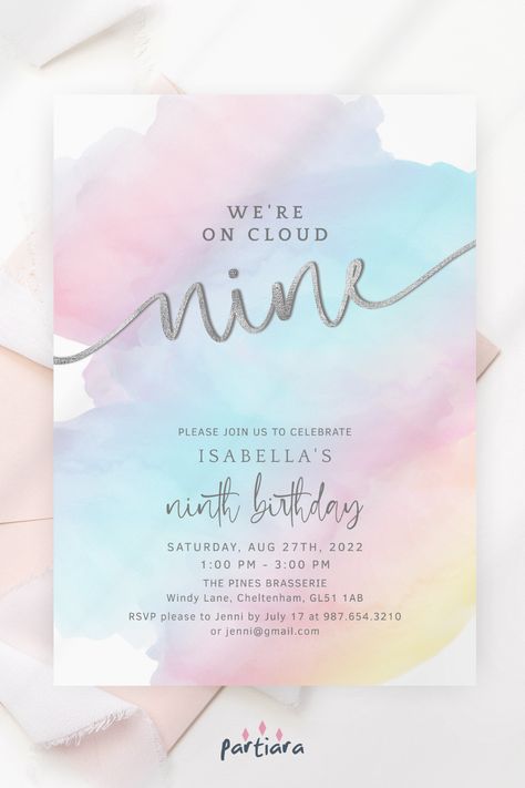 Girls 9th Birthday, 10th Birthday Invitation, Rainbow Themed Birthday Party, Rainbow First Birthday, Rainbow Invitations, Pastel Party, 2nd Birthday Invitations, Rainbow Birthday Party, 10th Birthday Parties