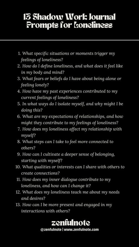 Navigating loneliness through shadow work involves delving into the roots of your feelings of isolation, understanding their impact on your life, and exploring ways to cultivate a deeper connection with yourself and others. Remember, exploring loneliness through shadow work is a process that invites deep self-reflection and openness to change. Shadow Work Journal Prompts, Work Journal Prompts, Shadow Work Journal, Must Read Novels, Daily Journal Prompts, Work Journal, Writing Therapy, Journal Writing Prompts, Therapy Worksheets