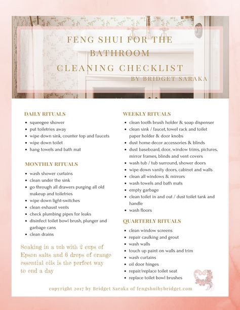 Bathroom Feng Shui, Cleaning Checklist Daily, Bathroom Checklist, Bathroom Cleaning Checklist, Wash Shower Curtain, Feng Shui Bathroom, Sink Counter, How To Feng Shui Your Home, Feng Shui Design