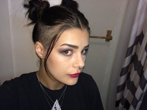 Space Buns With Shaved Sides, Half Long Half Short Hair, Half Shaved Hair Medium, Deathhawk Hairstyles, Side Shaved Hairstyles Medium, Men's Fades, Long Hair Growth, Grow Long Healthy Hair, Shaved Hair Women