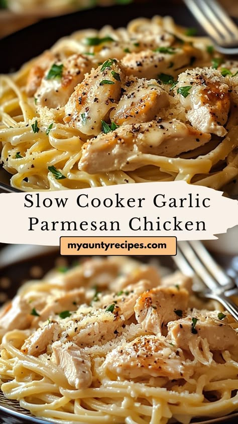 This Slow Cooker Garlic Parmesan Chicken Pasta is a simple, delicious dinner that’s perfect for busy weeknights. Tender chicken breasts are slow-cooked in a creamy garlic Parmesan sauce, then served over al dente pasta for a comforting meal that’s rich in flavor. Slow Cooker Garlic Parmesan Chicken, Creamy Garlic Parmesan Chicken Pasta, Homemade Freezer Meals, Garlic Chicken Crockpot, Chicken Breast Recipes Slow Cooker, Creamy Garlic Parmesan Chicken, Chicken Parmigiana Recipe, Garlic Parmesan Chicken Pasta, Parmesan Chicken Pasta