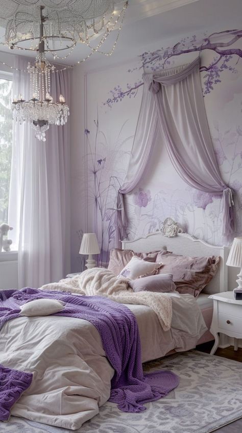 Home Decor Inspo: Refresh Your Bedroom on a Budge Purple Vintage Bedroom, Purple Themed Room, Lilac Girls Bedroom, Lavender Bedrooms, Jewel Bedroom, Bedroom Lilac, Bedroom Lavender, Korean Bedroom Ideas, Colonial Bedroom