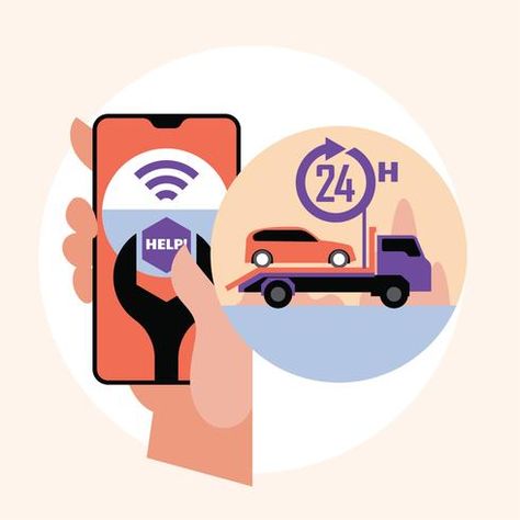 Hand holding smartphone. Online roadside assistance, car towing service mobile app concept Car Towing, App Concept, Towing Service, Car Vector, Roadside Assistance, Hand Holding, Seven Days, Sharjah, Font Bundles