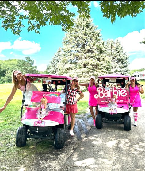 Ladies Member Guest Golf Themes, Barbie Golf Cart Theme, Barbie Golf Cart, Golf Barbie, Golf Cart Decorating Ideas, Golf Cart Decorations, Golf Theme Party, Parade Ideas, Golf Diy