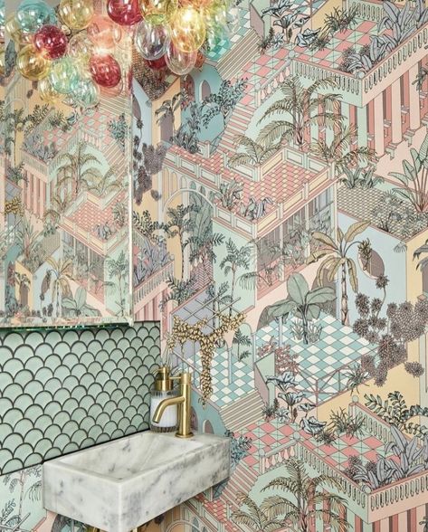 Inject some personality into your walls!⁠ ⁠ We love this playful powder room created by @southplacestudio which features the kitsch Miami Icons wallpaper from @cole_and_sons_wallpapers in Pastel. ⁠ wallpaper | interior design | interior inspiration Lounge Interiors, Cole And Son Wallpaper, Wallpaper Interior Design, Powder Room Design, Cole And Son, South Beach, Beautiful Lights, Light Fittings, Powder Room