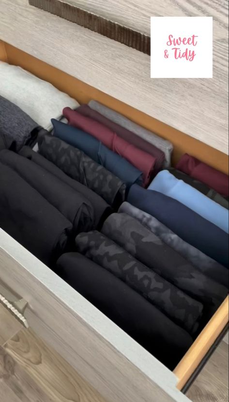 Folded leggings Leggings Organization Drawer, Organize Pants In Drawers, Organizing Pajama Drawer, Fold Pants In Drawers, Deep Clothes Drawer Organization, Drawer Organization For Clothes, Legging Drawer Organization, Organizing Shorts In Drawers, Organization For Dresser Drawers