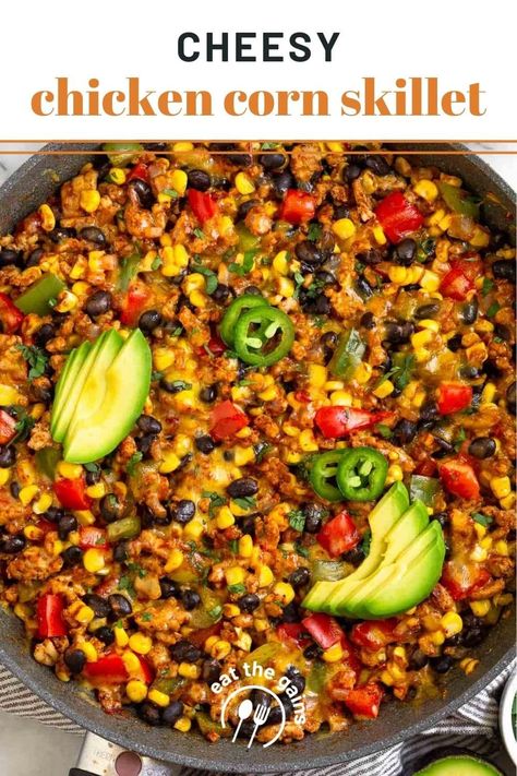 This cheesy chicken and corn skillet combine ground chicken, fresh sweet corn, veggies, black beans, spices, and cheese for a delicious one-pan meal. Ready in 30 minutes and packed with protein, complex carbs, and fiber. Recipes With Black Beans And Corn, Corn Skillet, Healthy Skillet Meals, Chicken And Corn, Chicken Fresh, Chicken Skillet Recipes, Complex Carbs, Baked Corn, Ground Chicken Recipes