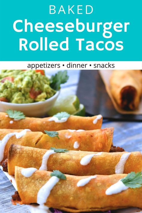 Tex Mex taquitos in a baked cheeseburger rolled tacos version. Beef and cheese, rolled up in a tortilla then baked until crispy for lunch, dinner or snacks. #24bite #texmexrecipes #tacorecipes Cheeseburger Taquitos, Baked Cheeseburger, Taco Appetizers, Rolled Tacos, Taco Roll, Hamburger Rolls, Oven Meals, Tortilla Rolls, Roll Ups Tortilla