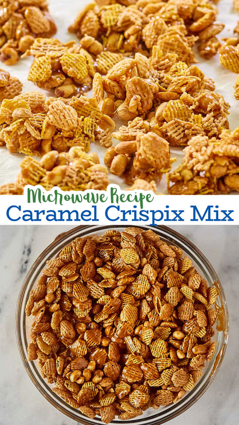 This caramel Crispix mix features peanuts and cereal in a crispy caramel coating. It is kind of like caramel corn, but made with cereal instead of popcorn. This microwave recipe makes getting that crispy finish even faster and easier. You have to try this fun sweet and salty snack. Carmel Crispix Microwave, Recipes Using Crispix Cereal, Crispix Mix Recipes Original, Sweet Cereal Snack Mix Recipes, Cereal Snack Mix Recipes, Caramel Crispix Recipe, Crispix Snack Mix Recipe, Crispix Snack Mix, Chex Cereal Recipes