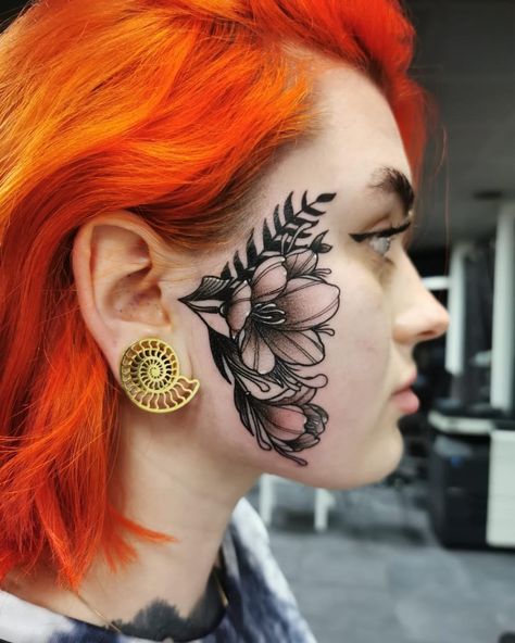 Under Chin Tattoo Woman, Under Chin Tattoos Women, Sideburn Tattoo, Cheek Tattoo, Flower Tats, Rip Tattoo, Face Tats, Aztec Empire, Tattoo Face