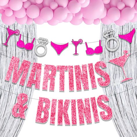 PRICES MAY VARY. "Bikinis & Martinis" Banner: Tini Bar Themed Bchalorett Bikinis Bachelorette Party Decorations in Glitter Hot Pink, Perfect for margarita bridal shower bikinis bachelorette engagement party martini bar themed bachelorette party. Bikinis & Martinis Bridal Shower Decor：You will get 1 “Bikinis & Martinis” banner and 1 bikinis and martinis bachelorette garland, 20 pink latex balloons, 1 x silver tassel. Use them for bachelorette parties, weddings, bridal showers, engagement parties, Beach Bachelorette Party Themes, Beach Bachelorette Party Decorations, Bachelorette Party Beach Theme, Lets Flamingle, Beach Bach, Bach Weekend, Beach Bachelorette Party, Pink Latex, Pink Bachelorette