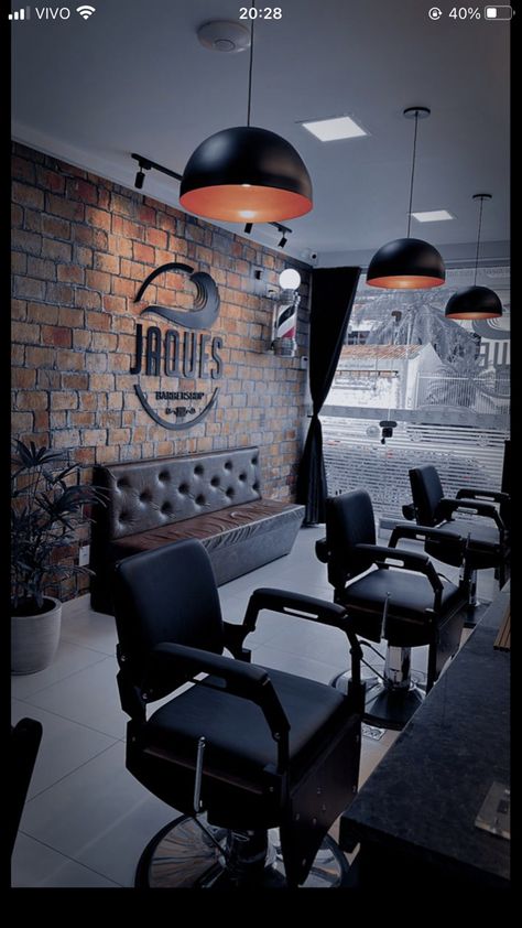 Barber Shop Lighting Ideas, Barber Shop Interior Small, Upscale Barbershop, Barbershop Design Interior Ideas, Barber Shop Lighting, Barber Studio Ideas, Modern Barber Shop Interior, Barber Interior Design, Barber Shop Ideas