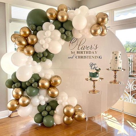 Light Green Balloon Garland, Sage Green Gold And White Balloon Decor, Sage White And Gold Balloon Arch, Sage Gold And White Birthday, Sage Green White And Gold Balloons, Greenery Balloon Garland, Green White And Gold Balloon Arch, Woodland Balloon Decorations, Engagement Party Green And Gold