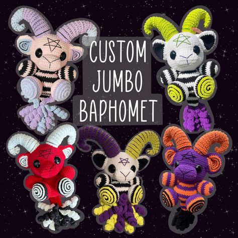 This is a MADE TO ORDER listing for a giant baphomet. Please put what colors you would like in the personalization box, if you want the one as pictured (Beetle juice inspired) put "Beetlejuice as pictured" in the box. The processing time for this is 3-4 weeks as it is made to order.    I might have questions to ensure you get exactly what you want so please make sure to check your messages. If your personalization is different from anything pictured I will send you a sketch of what yours will look like, please check your messages because I can't start on your baphomet until you okay the sketch. :) This plush is about 20 inches tall and weighs almost 3 lbs.  Made in a smoke free home.  Safety eyes are not recommended for small children as they pose a choking hazard.  Pattern by Grim Grinnin Baphomet Amigurumi Pattern Free, Baphomet Crochet Pattern Free, Creepy Crochet Pattern Free, Crochet Baphomet, Baphomet Amigurumi, Crochet Creepy, Creepy Crochet, Jumbo Crochet, Giant Crochet