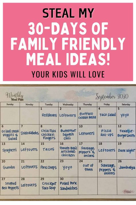 Each month I make a monthly meal plan for our family to help us stick to our grocery budget and get dinners on the table fast each week.  Steal my cheap monthly meal plan that I promise your whole family will love!  These 30 family friendly meal ideas are perfect for any month and are easy to plan ahead. Cheap Monthly Meal Plan, Taco Leftovers, Chicken Squash, Monthly Meal Plan, Meal Plan For The Week, Leftover Spaghetti, Salad Fingers, Time Saving Tips, Steak Pizza