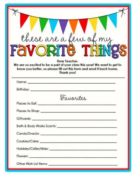 Beginning of the year Teacher Questionnaire, Teacher Treats, School Teacher Gifts, Teacher Printable, Beginning Of The School Year, 1st Day Of School, Beginning Of School, Teacher Appreciation Week, Teacher Favorite Things