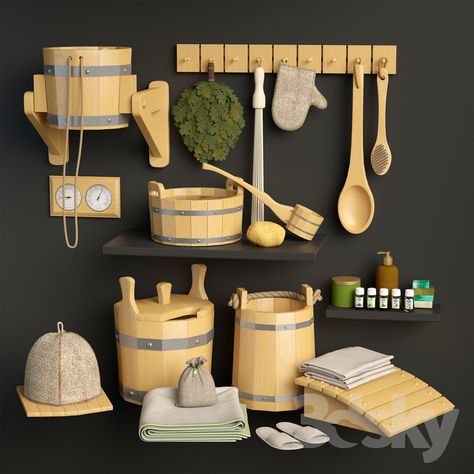 3d models: Bathroom accessories - Set for sauna Sauna Accessories Ideas, Sauna Decor, Tiny Home Bathrooms, Home Spa Room, Toilet Art, Sauna Accessories, Cool Tree Houses, Finnish Sauna, Sauna Design