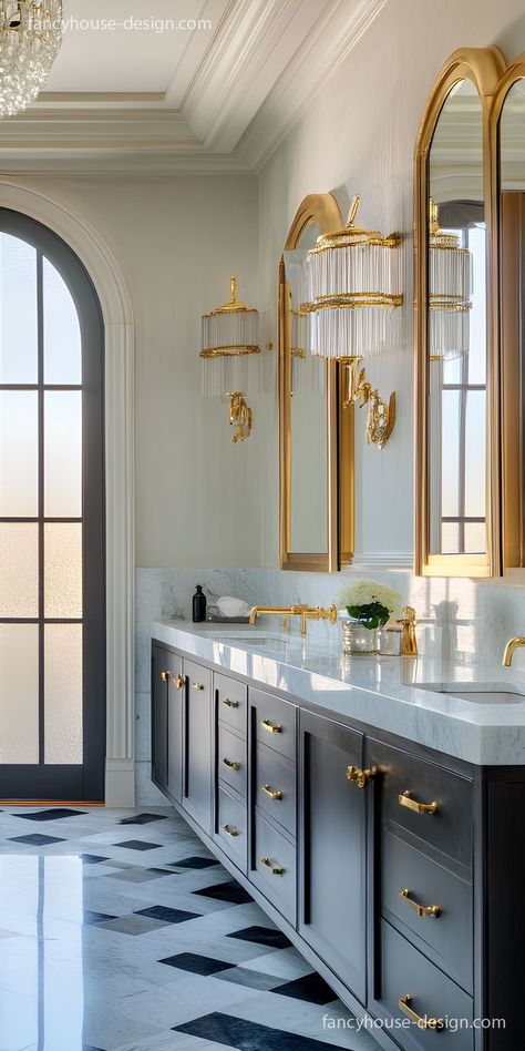 This elegant master bathroom features custom etched glass and a stylish tub, bringing together luxury and functional design. Master Bath Mirror Ideas, Art Deco Bathroom Vanity, Master Bath Mirror, Vanity Space, Interior Deisgn, Freestanding Bathtubs, Frosted Glass Window, Art Deco Vanity, Timeless Bathroom