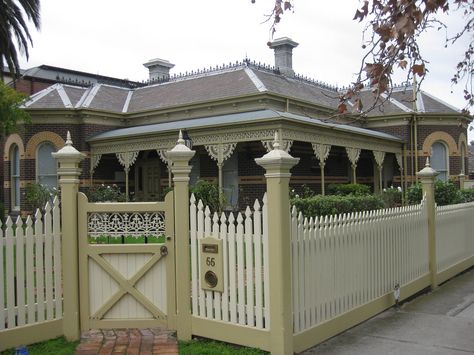 Evergreen Backyard, Victorian Fencing, Victorian Fence, Cladding Colours, Front Fences, Brick Victorian, Australian Houses, Victorian Villa, Victorian Gardens