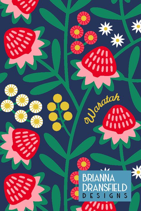 Here is my folk floral pattern inspired by Australian native flowers and starring the gorgeous Waratah. Australian Folk Art, Frog Mural, Folk Art Ornament, Caravan Ideas, Christmas Graphic Design, Author Branding, Folk Floral, Art Ornaments, Australian Christmas