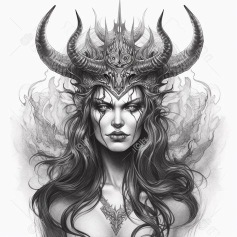 Horned Woman, Evil Goddess, Tattoos Pequeños, Woman Tattoo Design, Gotik Tattoo, Cool Tattoo Drawings, Kunst Tattoos, Demon Tattoo, Woman Tattoo