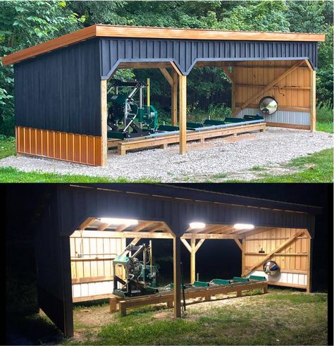 Sawmill Shed Ideas, Farm Shop Buildings, Sawmill Shed, Saw Mill Diy, Wood Shelter, Sawmill Projects, Equipment Shed, Solar Kiln, Sawmill Lumber