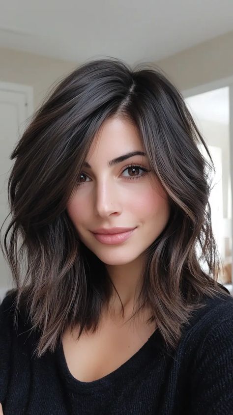 11 Medium Length Hair with Layers Dark Layered Hair Medium, Dark Layered Hair, Multidimensional Brunette, Layered Hair Medium, Medium Length Layers, Hair With Layers, Layered Hairstyles, Medium Length Hair With Layers, Hair Medium