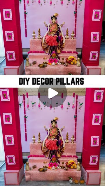 Lakshmi Decoration At Home, Pooja Backdrop Decoration Diy, Diwali Decorations Ideas, Ganapati Decorations, Vishnu Priya, Lakshmi Puja, Ganapati Decoration, Festive Decor, Diwali Decorations