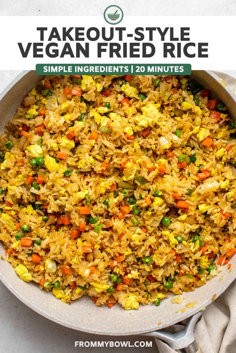 Learn how to make the best Vegan Takeout-Style Fried Rice at home, in only 20 minutes! This Fried Rice is perfectly seasoned, fluffy, and golden. Vegan Rice Dishes, Fried Rice At Home, Vegetarian Fried Rice, Vegan Fried Rice, Rice Recipes Vegan, Veggie Fried Rice, Cholesterol Recipes, Seasoned Veggies, Vegan Rice