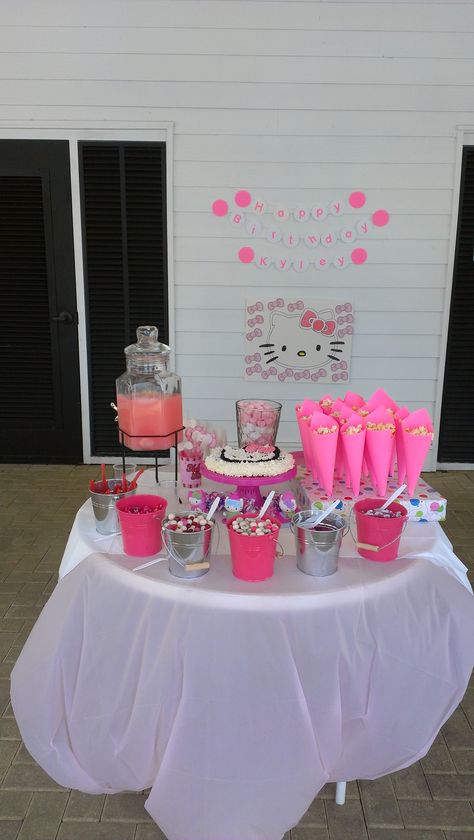 Hello Kitty Birthday Party Hello Kitty Cafe Party Ideas, Hello Kitty Pool Party, Hello Kitty Birthday Decorations, Pink Party Foods, Adult Birthday Decorations, Party Photo Frame, Hello Kitty Birthday Theme, Hello Kitty Theme Party, Hello Kitty Photos