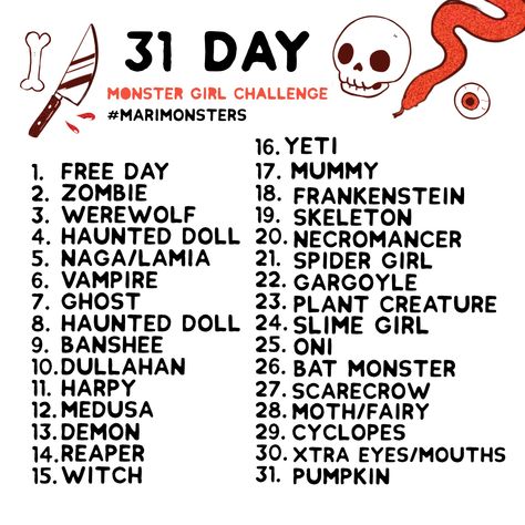 ♥ mari on Twitter: "here’s my prompt list for #inktober2020 we’re doing Halloween monster girls 👻🎃 If you want to join in, use hashtag #mariMonsters I’ll share my favs!… https://t.co/d1K7zyrkrr" 30 Day Art Challenge, 30 Day Drawing Challenge, Haunted Doll, Prompt List, Oc Challenge, Art Style Challenge, Drawing Ideas List, Art Advice, Monster Girls